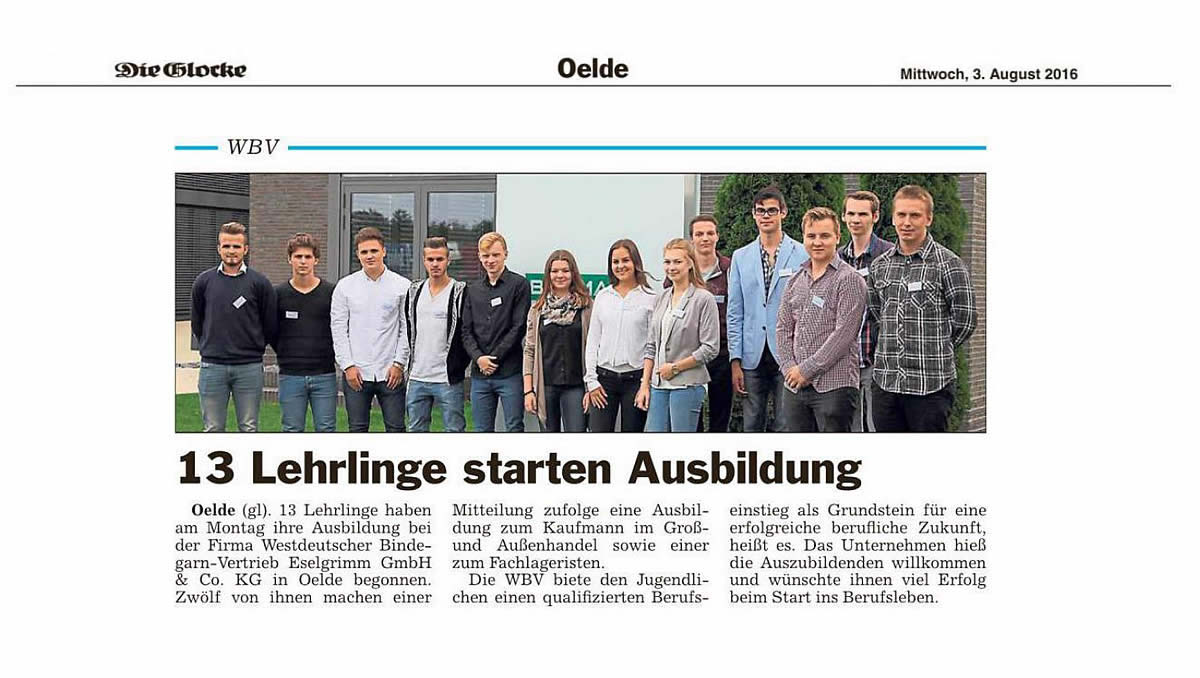 13 Lehrlinge starten Ausbildung 2016 bei WBV worldwide