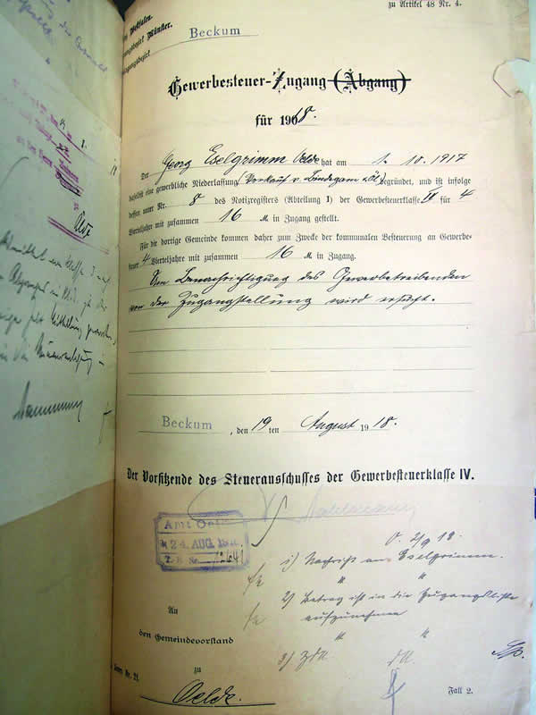 Das Gründungsdokument: Am 1. Oktober 1917 begründete Georg Eselgrimm seine gewerbliche Niederlassung zum Verkauf von Bindegarn und Öl.